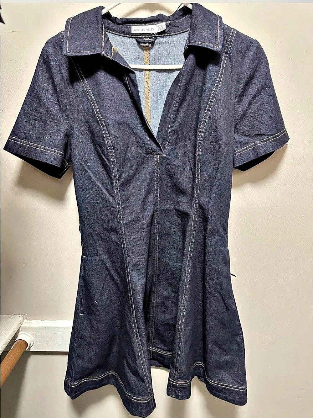 Avec Les Filles Stretch Denim Collared Keyhole Mini Dress Medium